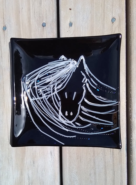 Horse Sketch in White Outline on Black Dish