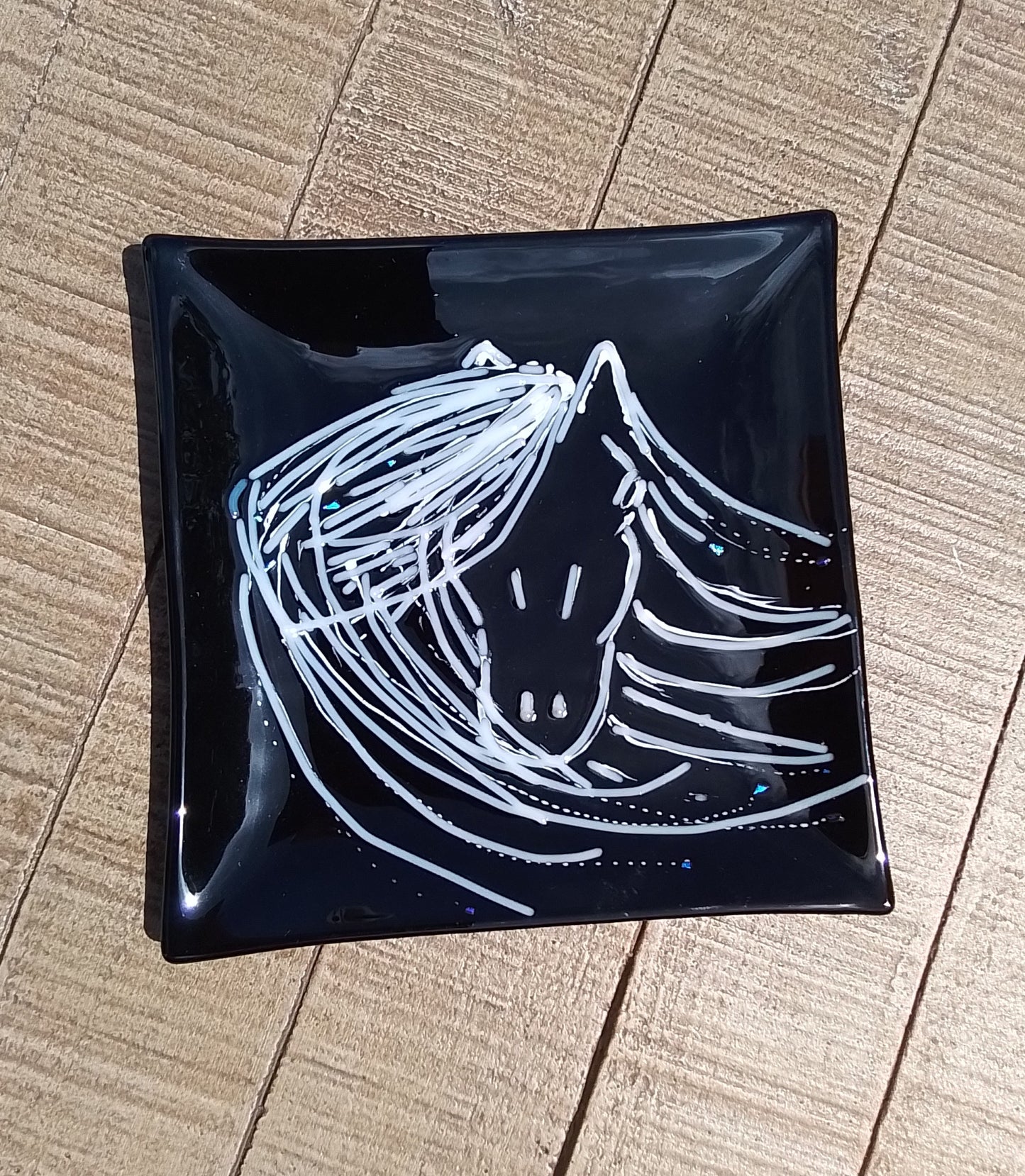 Horse Sketch in White Outline on Black Dish