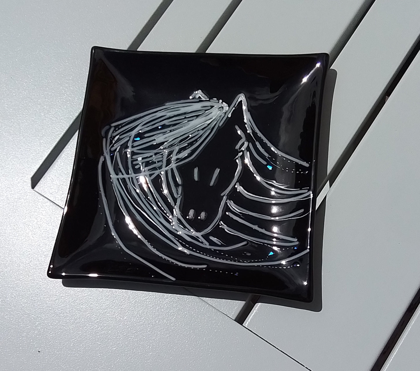 Horse Sketch in White Outline on Black Dish